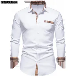 Men's Casual Shirts PARKLEES Autumn Plaid Patchwork Formal Shirts for Men Slim Long Sleeve White Button Up Shirt Dress Business Office Camisas 230303