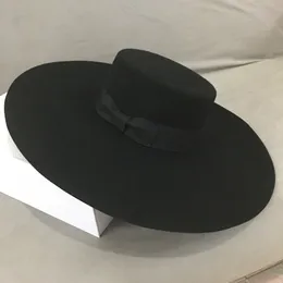 Stingy Brim Hats Retro Style Big Warm Wide Brim Wool Fedora Hat Black Felt Hat Bow Plat Floppy Winter Hat For Women Party Church Wedding Hat 230306