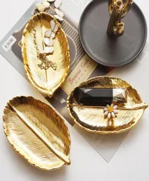 Kök Storage Organization Goldtone Leaves Ceramic Tray Gold Leaf Jewelry Gan Guo Die Home Desktop Pendulum7409813