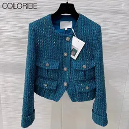 Kadın Yün Karışımları Marka Tasarımcıları Kış Giysileri Lüks Vintage Blue Tweed Ceketler Kadınlar İçin 2023 Kristal Düğmeleri Kısa Jaqueta Feminina Chaquetas 230306