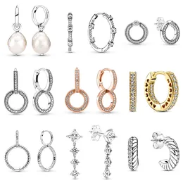 925 Silver Fit Pandora örhängen Crystal Fashion Women smycken gåva Ear Studs White Pearl Rose Gold Crystal DIY