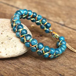 Charm Bracelets 6mm Apatite Stone Beads Braided Bracelet Double Layer Bangle Women Men Handmade Jewelry Friendship Strand Charm Bracelet Jewelry 230306