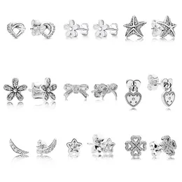 925 Silver Fit Pandora Earrings Crystal Fashion women Jewelry Gift Ear Studs Fashion Clover Starfish Crescent Moon Crystal