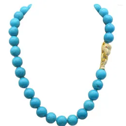 Chains Blue Turquoise Necklace Round 12mm 18" Nature FPPJ Wholesale And Yellow Leopard Clasp Hook