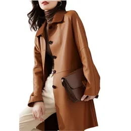 Frauen Leder Faux Mantel Frühling Herbst Mittlere Länge Graben Echtes OL Mode Schaffell Jacke Revers Kragen Gürtel 230303