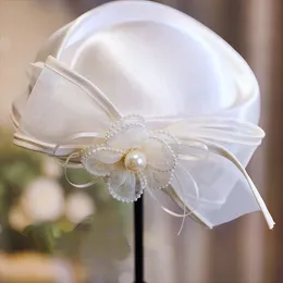 Stingy Brim Hats Bride Bowknot Beaded Flower Hat Retro Wedding Dress Headwear Hair Jewelry Studio Pography Jewelry 230306