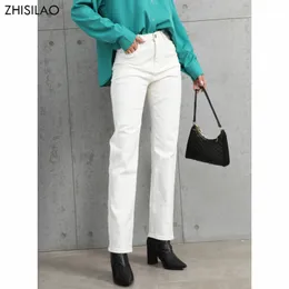 الجينز النسائي Zhisilao الجينز الأبيض النساء عتيقة امتداد عالية الخصر على مستقيم الساق الساقين السراويل الخريف الجينز الشارع 230306