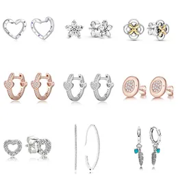 925 Silver Fit Pandora Earrings Crystal Fashion Women المجوهرات هدية الأذن DIY Rose Gold Heart Flower Diy Dreamcatcher Heart Crystal