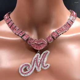 Chains Hiphop Square Baguette Cuban Link Chain Iced Out Pink Mouth Cursive Initials Pendant Necklaces For Women Men Rock Rapper Jewelry