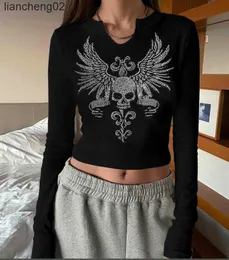 Kadın Örgüleri Tees Moda Kadın Mahsul Üstleri Kafatası Kanadı Gotik Stil Örgü Şeritli Notch O-Beeck Uzun Kollu T-Shirts Bahar Sonbahar İnce Fit Üstleri Y2K W0306