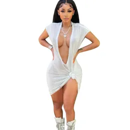 Ny 2024 Summer Fashion Women White T Shirts Dress Solid Deep V-Neck Solid Nightclub kjol Blusar Kvinnkläder