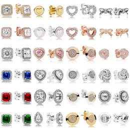 925 Silver Fit Pandora Earrings Crystal Fashion Women المجوهرات هدية الأذن الأذن توقيع القوس مربع الحفر قلب الحب