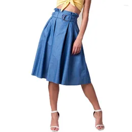 Skirts Lovepeapomelo Retro High Waist Belt Pleated Skirt Women Summer Casual Solid Denim Female Midi Jeans D403