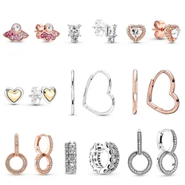 925 Silver Fit Pandora Earrings Crystal Fashion Women المجوهرات هدية الأذن دبوسات القلب الكبيرة DIY GOLD CLEST CLEAR