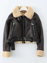 Kurtki damskie Ailegogo Winter Women Streetwear Faux Lamb skórzana futrzana krótka kurtka z paskiem moto motocyklowy gruby ciepły płaszcz z owepsykinem 230303