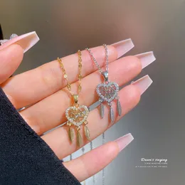 S3477 Light Luxury Dreamcatcher Pendant Necklace For Women Titanium Steel Chain Feather Hollowed Heart Niche Design Choker Necklace