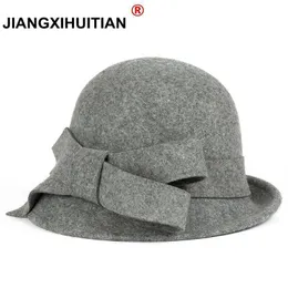 Geizige Krempe Hüte Winter Wärme Mode Bogen Fedora Dame Hut Kuppel Elegante Damen Echte Wolle Topper Für Frauen Bowknot Winter Hüte für Frauen 230306