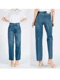 Kvinnors jeans kvinnor jeans byxor vår/sommar hög midja retro tvättad blå rak kalv topplinje dekorerade nio-poäng jeans 230306