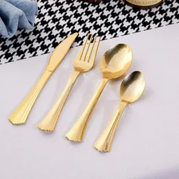 Servis uppsättningar 24 engångsfest Tabelleriset Set Rose Gold Plastic Cutery Fork Spoon Knife Anniversary Wedding Födelsedagsleverantörer