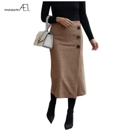 Etekler ael retro kadın yükseklik bel asimetri yünlü midi etek sarma ekose kadınlar giyim vintage moda jupe longue femme slim 230303