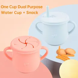 Cups Saucers Kids Silicone Double Lids Feeding Cup With Handle Sippy BPA Free Toddlers Learning Drinkware Children Soft Straw Tableware