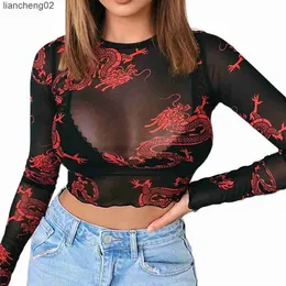 Malhas femininas camisetas de camiseta feminina sexy malha de dragão quente malha superior de manga longa transparente feminino feminino Floral Top Top-deco