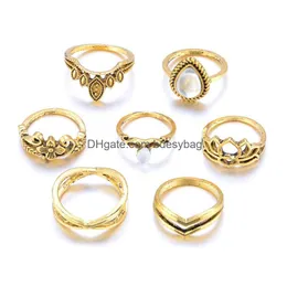 Anelli a fascia 7Pcs Set Anello vintage con strass fiore intagliato cavo per donna Uomo Accessori per feste Finger Gold Sier Goccia di colore Consegna Dhy28