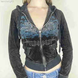 Hoodies للنساء من النوع الثقيل العظمي 2000s الرجعية الرجعية التطريز الرسم البياني Zip Up Grunge Mall Goth Hoody Jacket Y2K Vintage Autumn Coat W0306