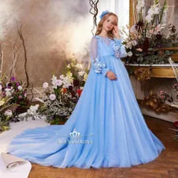 Girl Dresses Light Sky Blue Flower Girls Dress for Wedding in pizzo da sera per bambini Principessa Pageant Gowns Birthday Birthday