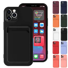 Slot para cartão titular casos de telefone líquido silicone macio tpu cor sólida para iphone15 14 13 12 11 pro max mini xr xs x 8 7 6 plus