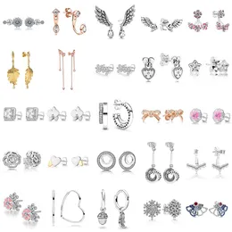 925 Silver fit pandora örhängen kristall mode kvinnliga smycken gåva öron studs diy ängel vingar rosguld båge rosa blomma