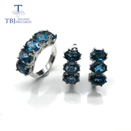 Серьговые ожерелье натуральное лондонское синий топаз драгоценный камень набор простых классических колец и серьгов 925 Sterling Sliver for Women Gift 230306