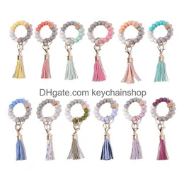 Keychains Lanyards Sile Beaded Bangle Keychain med Tassel for Women Party Favor Wristlet Key Ring Armband Drop Delivery Fashion Dhoqk