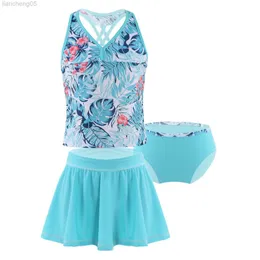 One-Pieces Children Summer Swimsuit Sleeveless Spaghetti Straps Top with Briefs and Skirt 3Pcs Set Girl Beach Bikini Swimwear Bathing Suits W0310