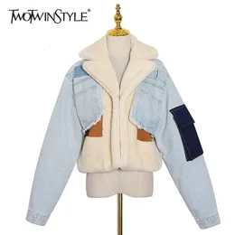 Women's Jackets TWOTWINSTYLE Patchowrk Lambswool Denim Jacket For Women Lapel Long Sleeve Tassel Casual Coat Female Winter Fashion 230303