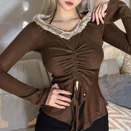 Magliette da donna scollatura per pelliccia magliette a fessura arricciata peluche giuntura a maniche lunghe a maniche lunghe sexy sexy eleganti colture di moda selvatica