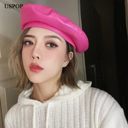 Beanieskull Caps USPOP 가을 겨울 모자 여성용 베레트 단색 PU 가죽 베레트 모자 장미 레드 베레모 230306