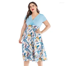 Vestidos casuais mulheres plus size size manga curta embrulhada em colorblock midi long Flowy Folhas tropicais impressão A-line plissou