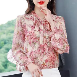 Damskie bluzki biuro dama złamane kwiaty nadrukowane eleganckie szaliki bluzka bluzka żeńskie marszczone splicowane wiosenne jesienne łuk sznurka koreańska