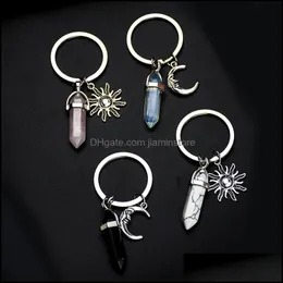 Keychains Lanyards Alloy Sun Moon Charms Keychain Natural Stone Hexagonal Pillar Par Keyrings Women Rose Quartz Key Chains Trin Dhyt3