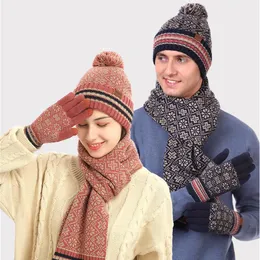 Beanies Beanie/Kafatası Kapakları Kış Kış Üç Parçalı Şapkalar Eşarp Eldivenleri Set Kadın Şapkası Yumuşak Erkekler Örme Beanie Cap Sıcak Miden Peluş Yün Pompon