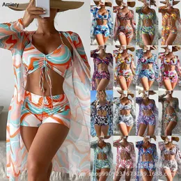 Designer Swimsuit Fashion Mix Styles 2023 Kvinnor Simning Bikini Summer Set Hög midja lång ärm Lång ära ins överskjortan Drawstring badkläder Kvinnor Split Three Piece Set