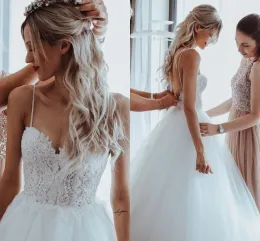 Sexy Summer Backless Wedding Dresses Spaghetti Straps A Line Appliques Beads Bridal Gowns Western Garden Boho Robes de mariage Custom made BC15334