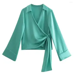 البلوزات النسائية Elmsk Englan Style Blouse Blouse Women Fashion Lake Blue V-Neck Sashes Bow Kimono Tops Tops