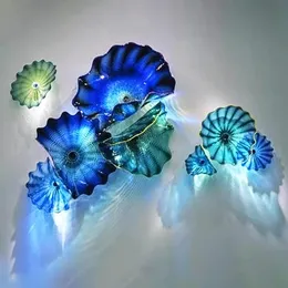 Handgefertigte Lampenkunstplatte moderne blaue blaugrau Farbe Murano Glass Abstrakte Wandkunst Hanging Teller Lampen Customized Farb Größe278z