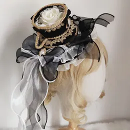 Stingy Brim Hats 4Colors Lolita Round Ruffled Lace Bow Pearl Pendant Top Hat Vintage Garn Royal Anime Cosplay Cap Soft Tea Party Bonnet Hair Clip 230306