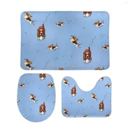 Bath Mats KiniArt Snorkeling Basset Hounds 3pcs Bathroom Set Printing Coral Velvet Non-slip Toilet Cover Mat Bas