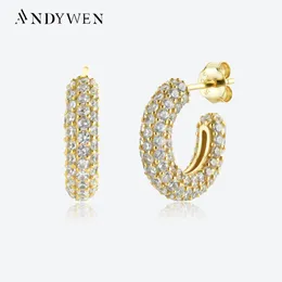 Estudar Andywen 925 Sterling Silver Clear Zircon Pavops Huggie Brincho Piercing Wedding Crystal Fine Fine Jewelry 230306