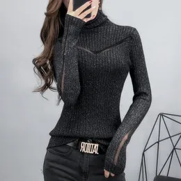 Women's Sweaters Turtleneck Sweater Slim Female Sexy Long-Sleeved Perspective Net Yarn Splicing Knitwear Bright Pull Ladies Sweaters Pullover Top 230306