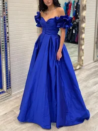 Casual Dresses Elegant Blue Prom Dress Floor Length Off Shoulder Ruffle Sleeve Ruched High Waist Flowy Sparkly Evening Wedding Guest Gown